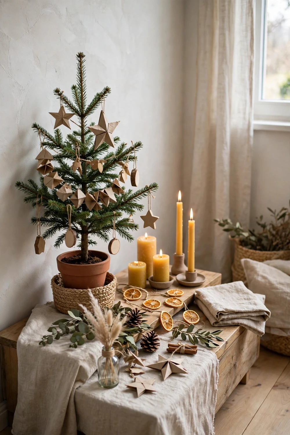 Sustainable minimalist Christmas corner with potted tree and handmade ornaments