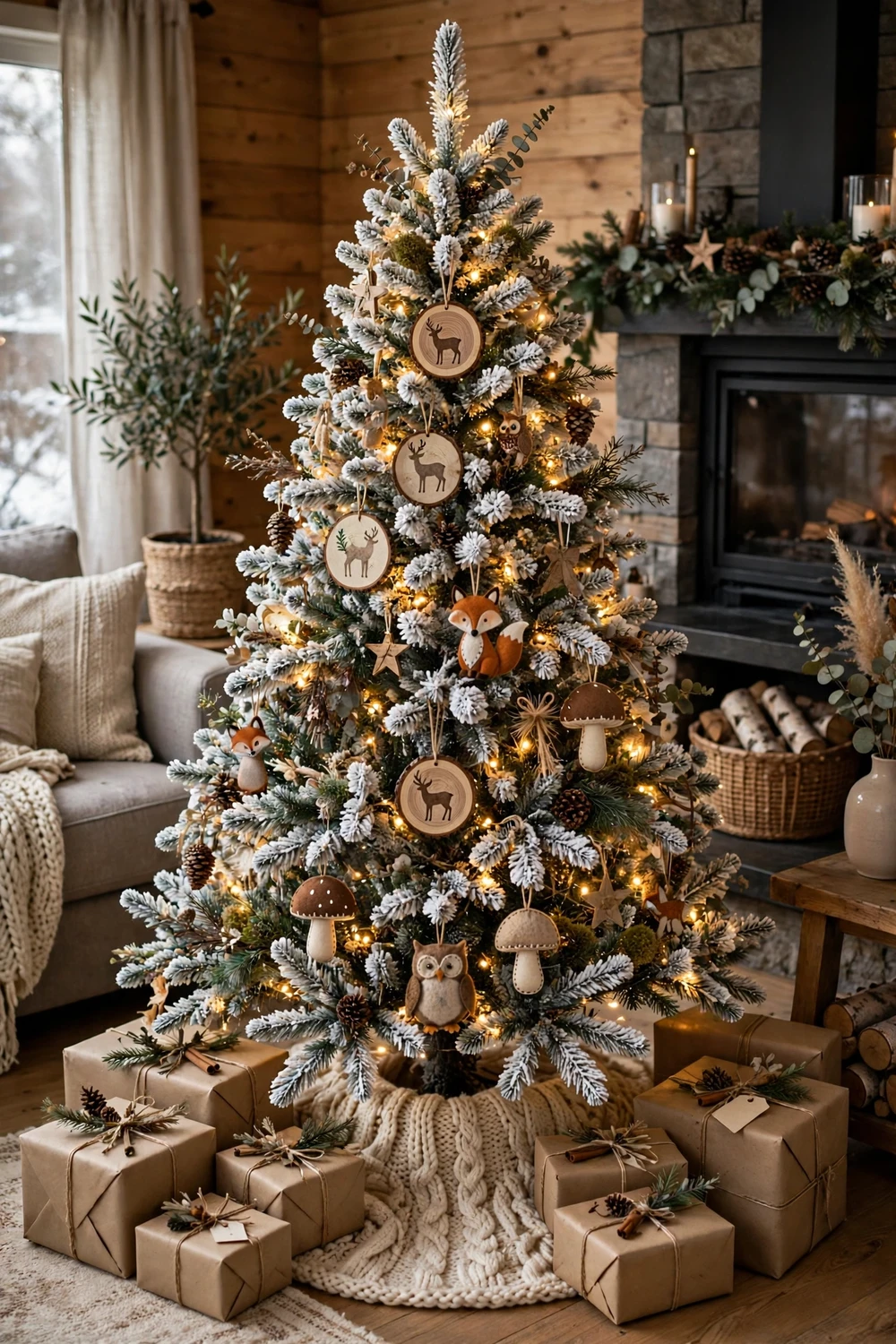 Flocked woodland Christmas tree with rustic ornaments and warm lights