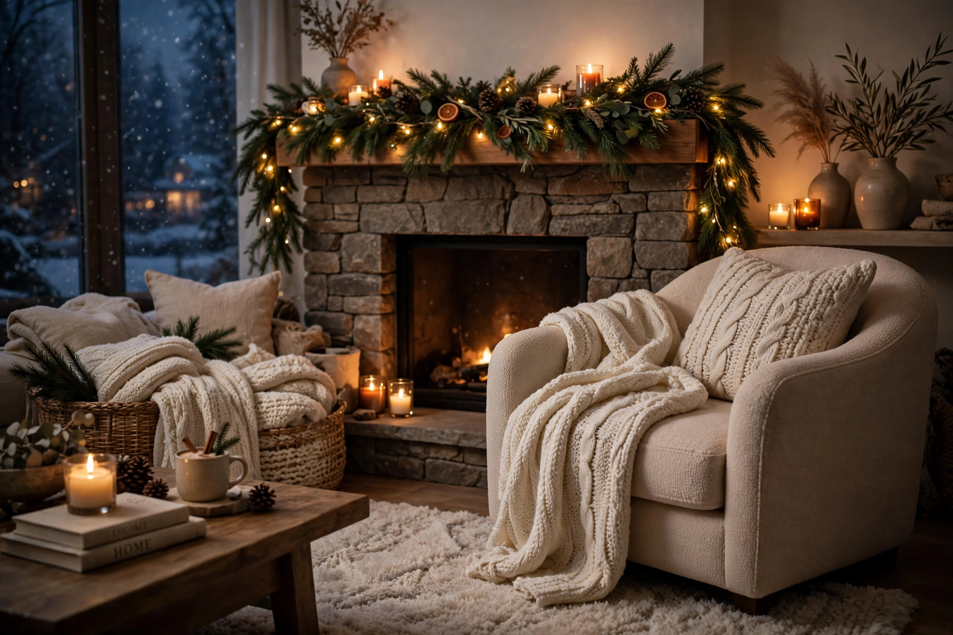 cozy winter home decor ideas: living room with fairy lights on a garland-draped mantel and a chunky knit throw on an armchair
