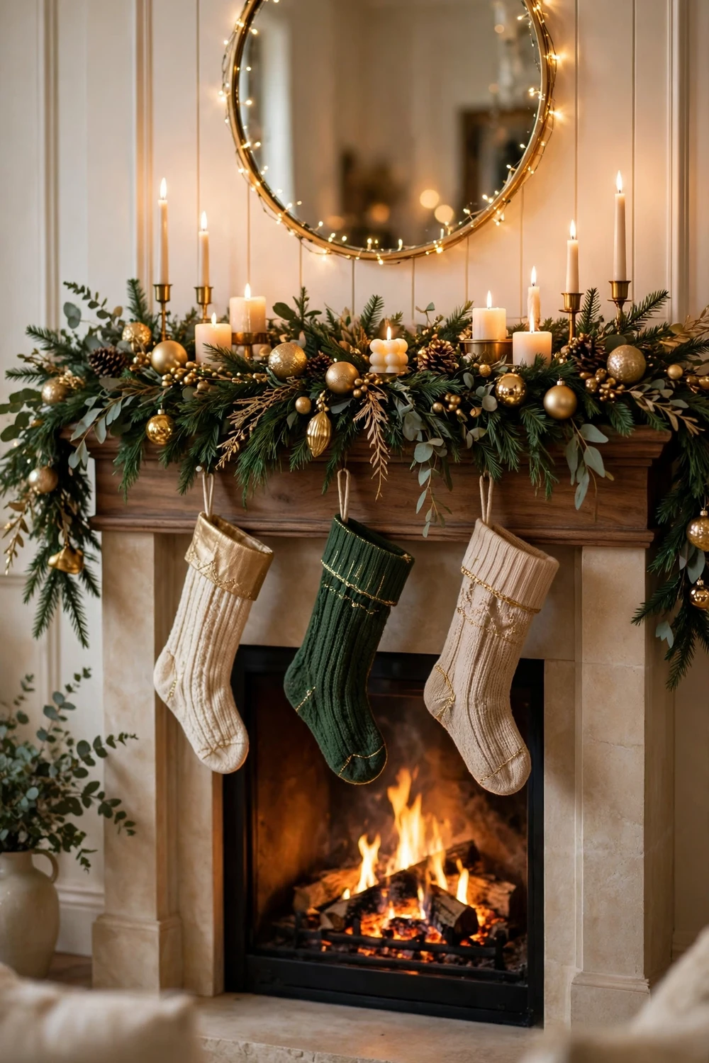 Christmas fireplace mantel with lush garland, candles and stockings
