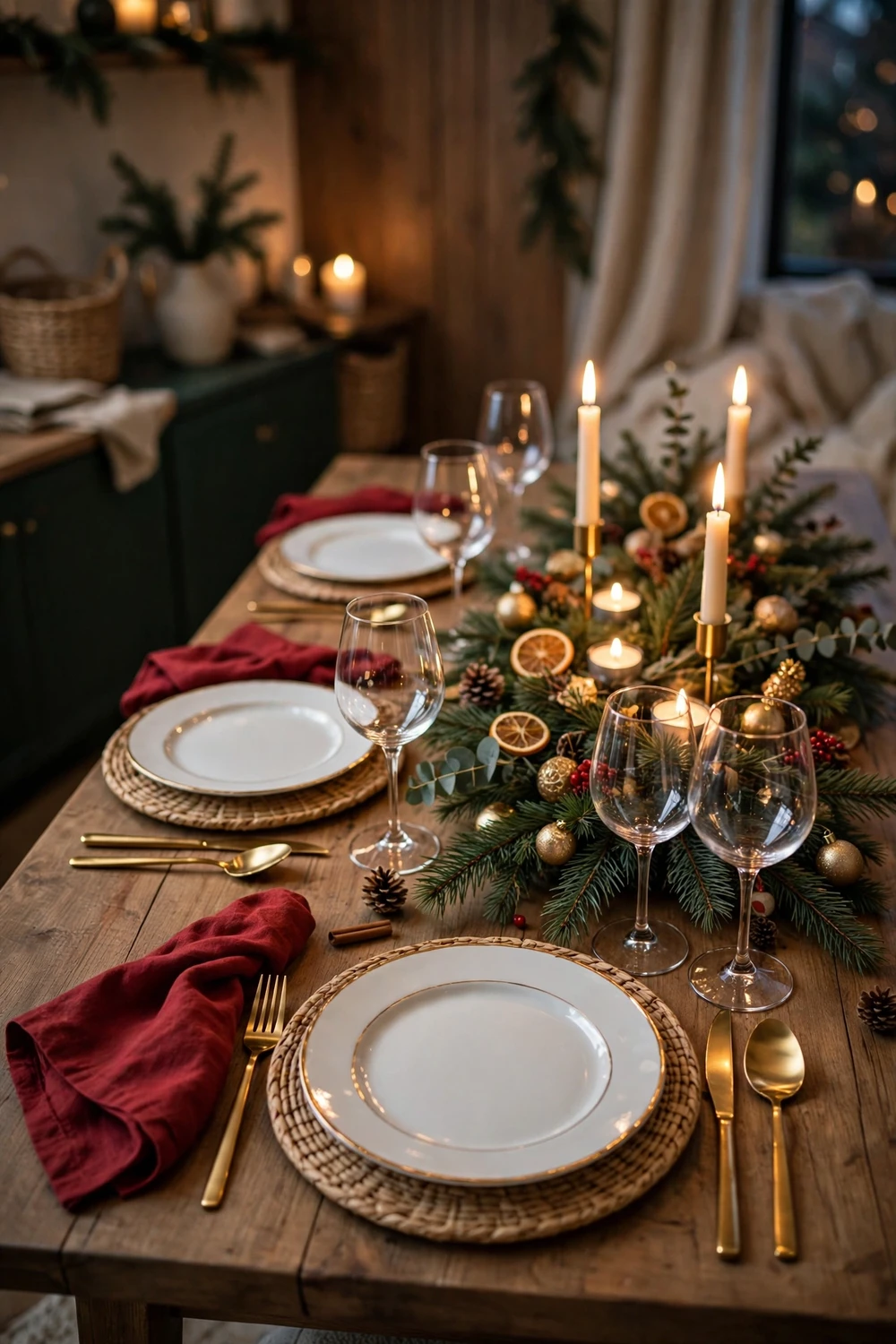Festive Christmas table setting with pine centerpiece, candles and gold cutlery