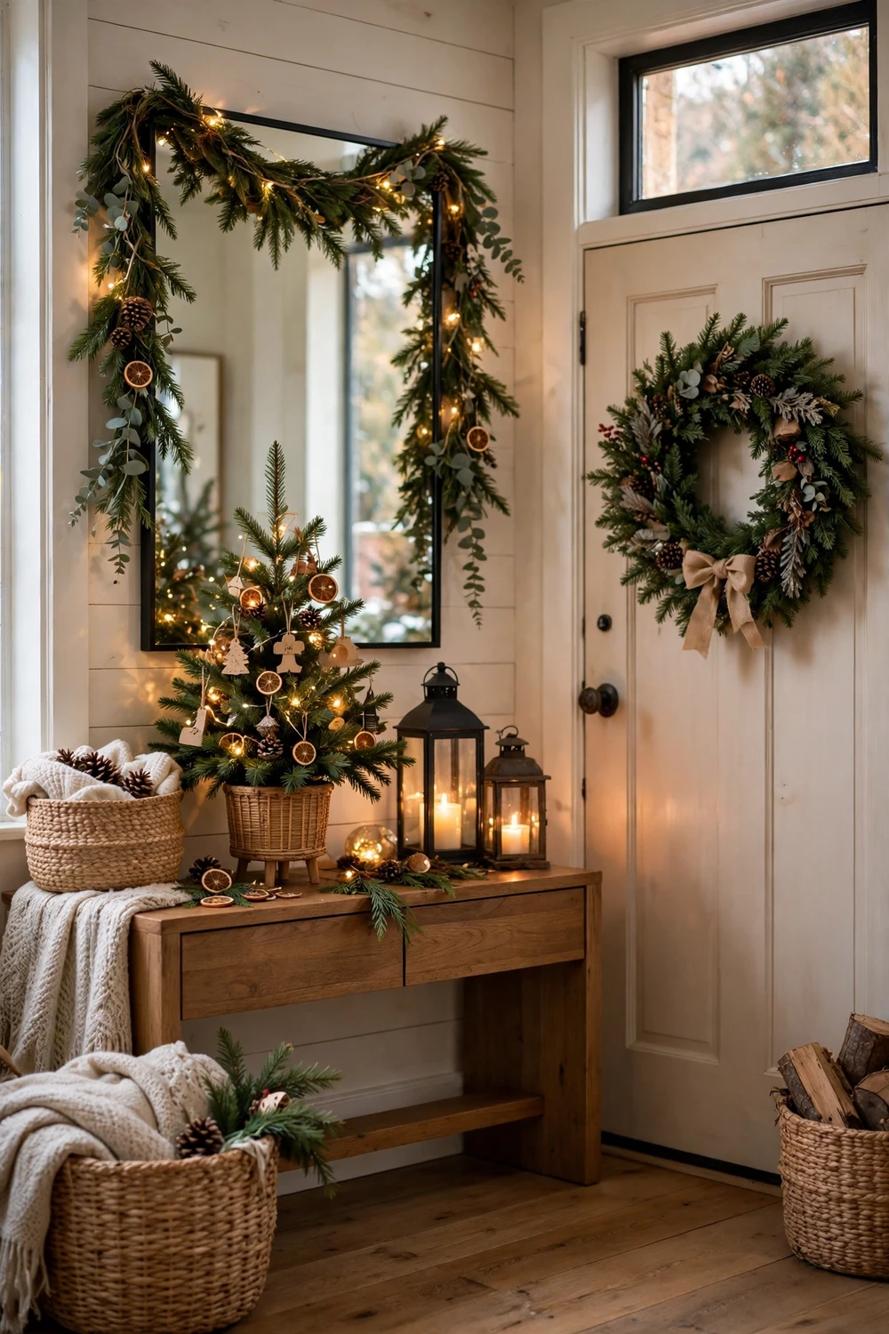 Welcoming Christmas entryway with wreath, garland and lanterns