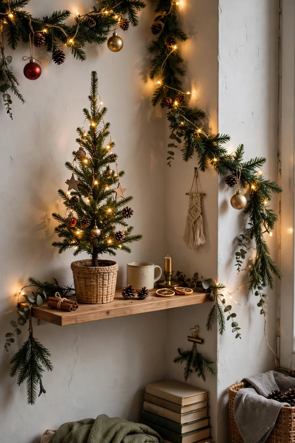 Small space Christmas decor with slim tabletop tree and fairy lights