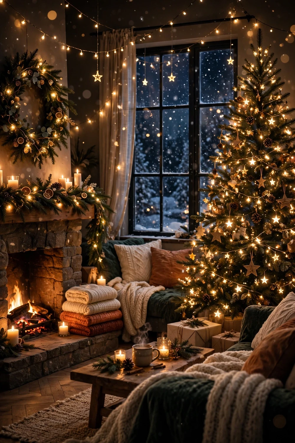 Christmas living room at night glowing with fairy lights and candles