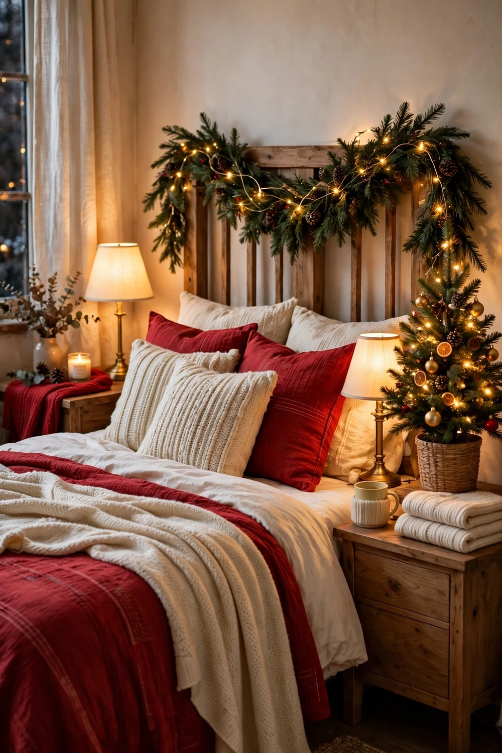 Cozy Christmas bedroom with festive bedding, knit throws and small tree