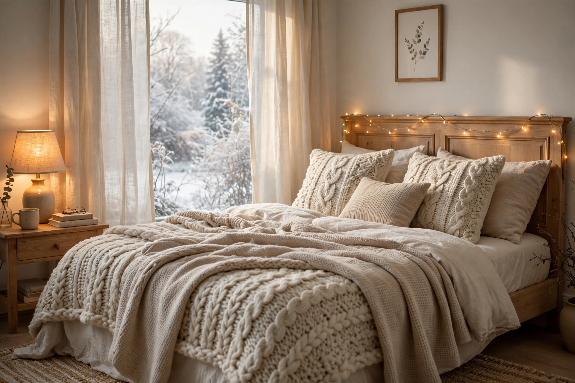 cozy winter home decor ideas: bedroom with layered cream knit blankets, textured pillows and a warm lamp glow