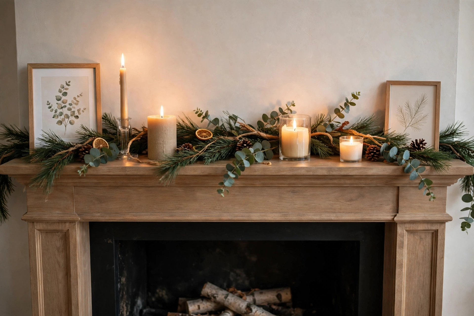 cozy winter home decor ideas: styled fireplace mantel with glowing candles and a pine and eucalyptus garland
