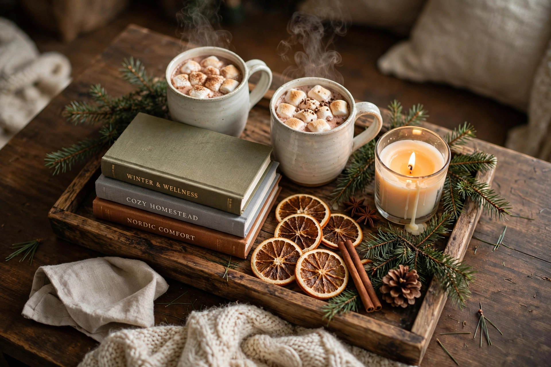 cozy winter home decor ideas: coffee table tray with hot cocoa mugs, a lit candle, dried oranges and pine sprigs