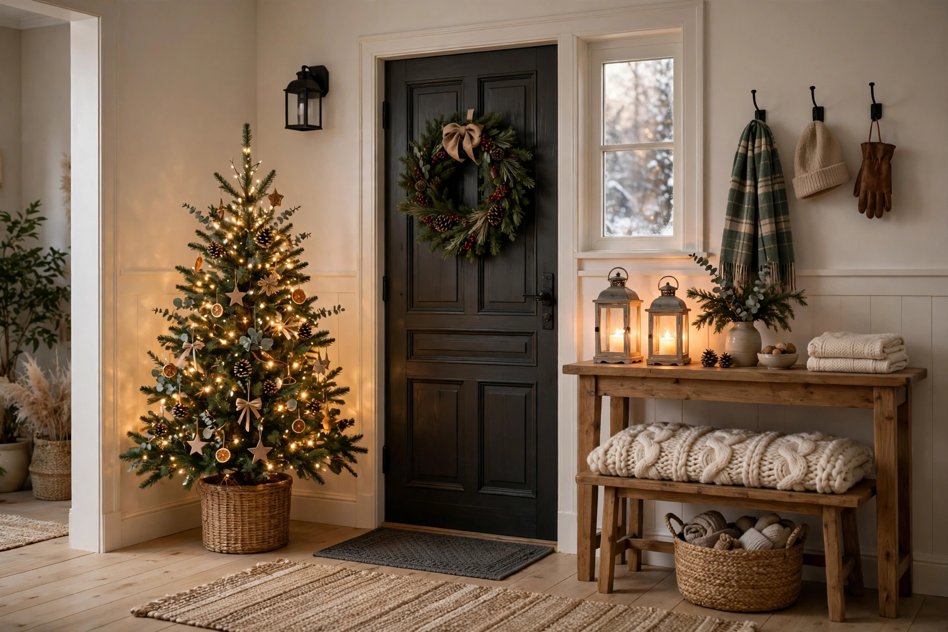cozy winter home decor ideas: warm entryway with a small lit Christmas tree, a wreath and glowing lanterns