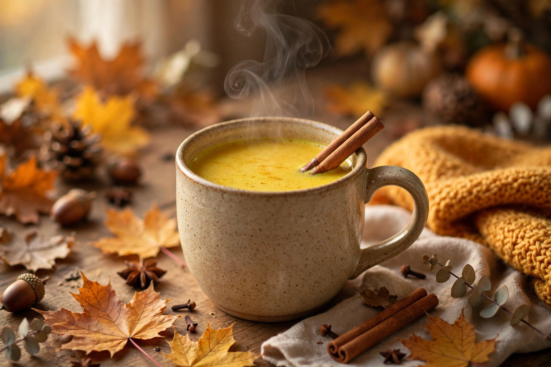 Golden turmeric milk, a warm drink for immunity served in a cozy mug