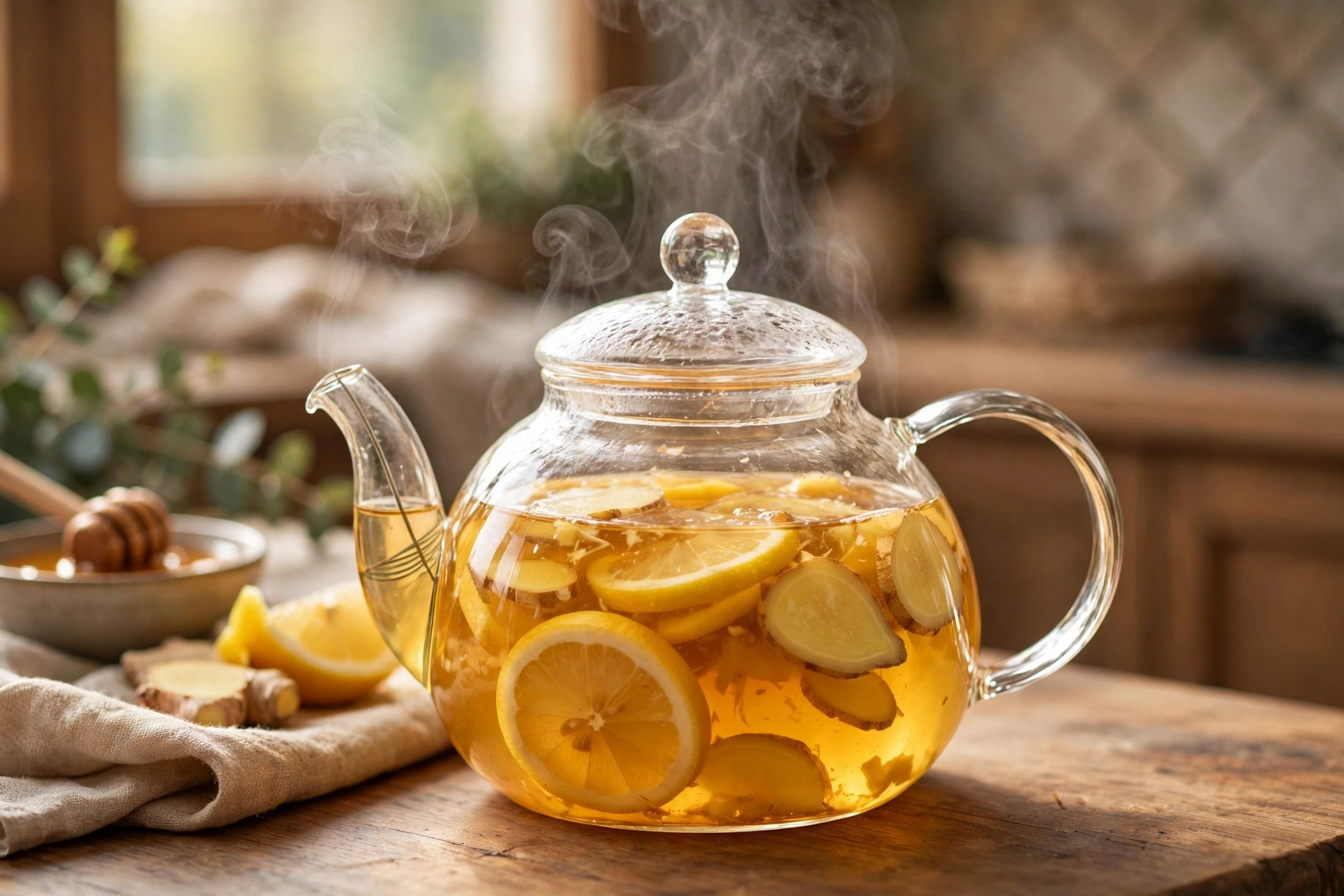 Ginger honey lemon tea, a warm drink for immunity in a glass teapot
