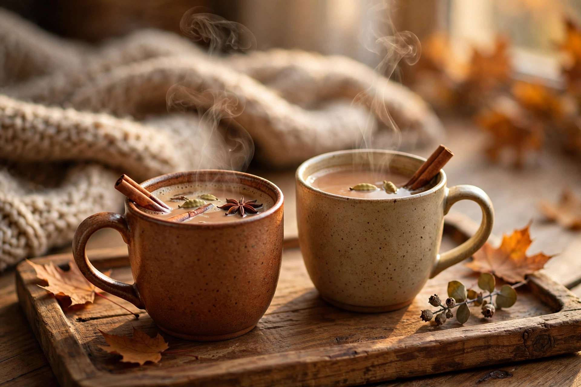 Two mugs of creamy spiced chai, warm drinks for immunity to share on a chilly day