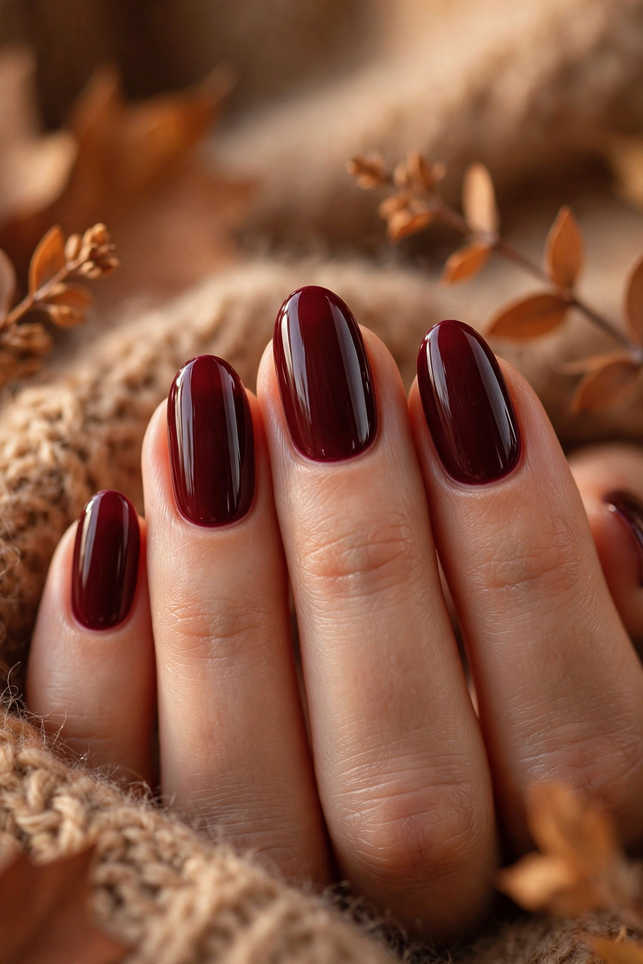 Fall nail ideas with deep burgundy wine shade manicure
