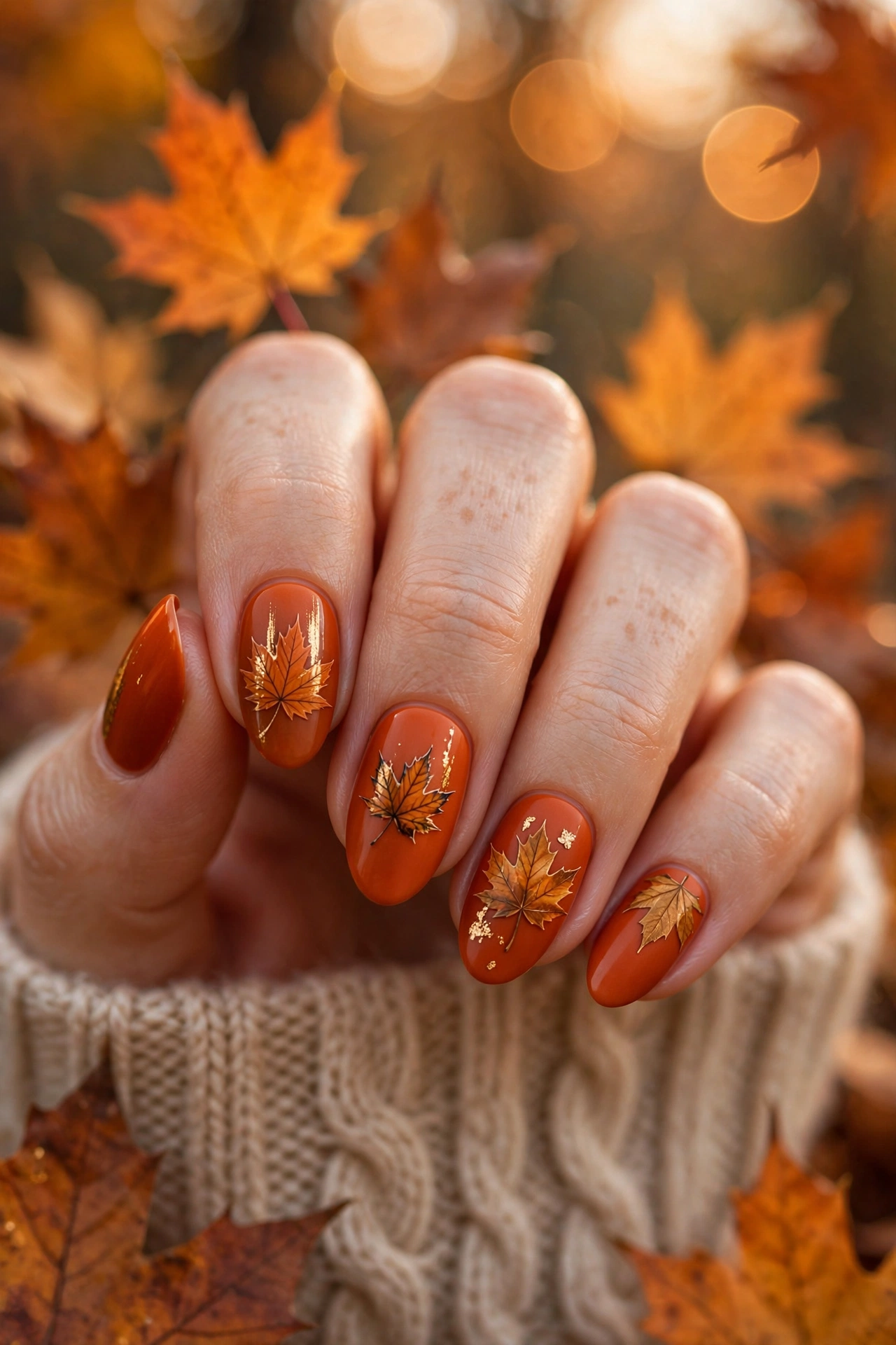 Fall nail ideas with maple leaf ombre in autumn colours