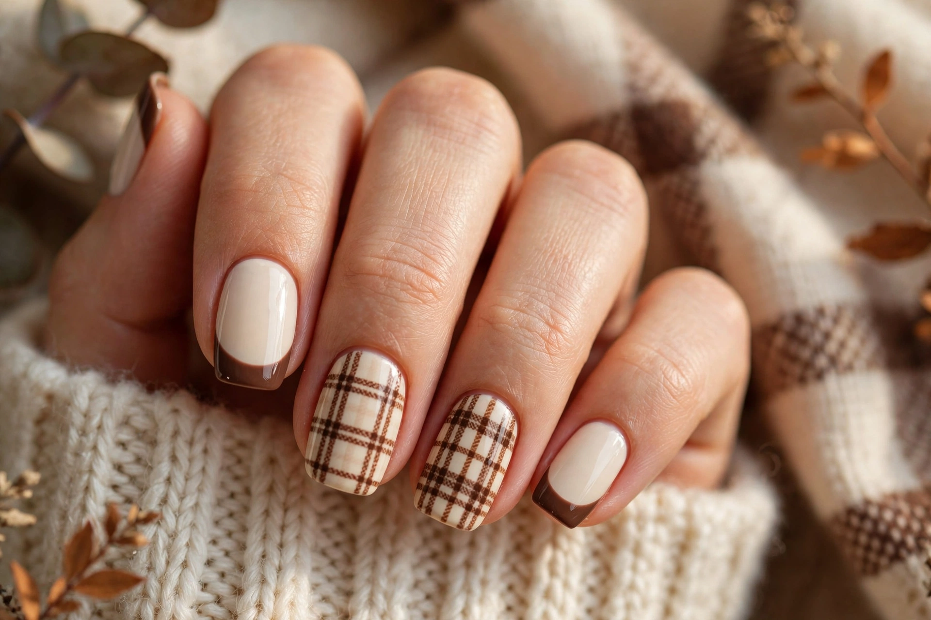 Fall nail ideas with plaid French tips in autumn colours