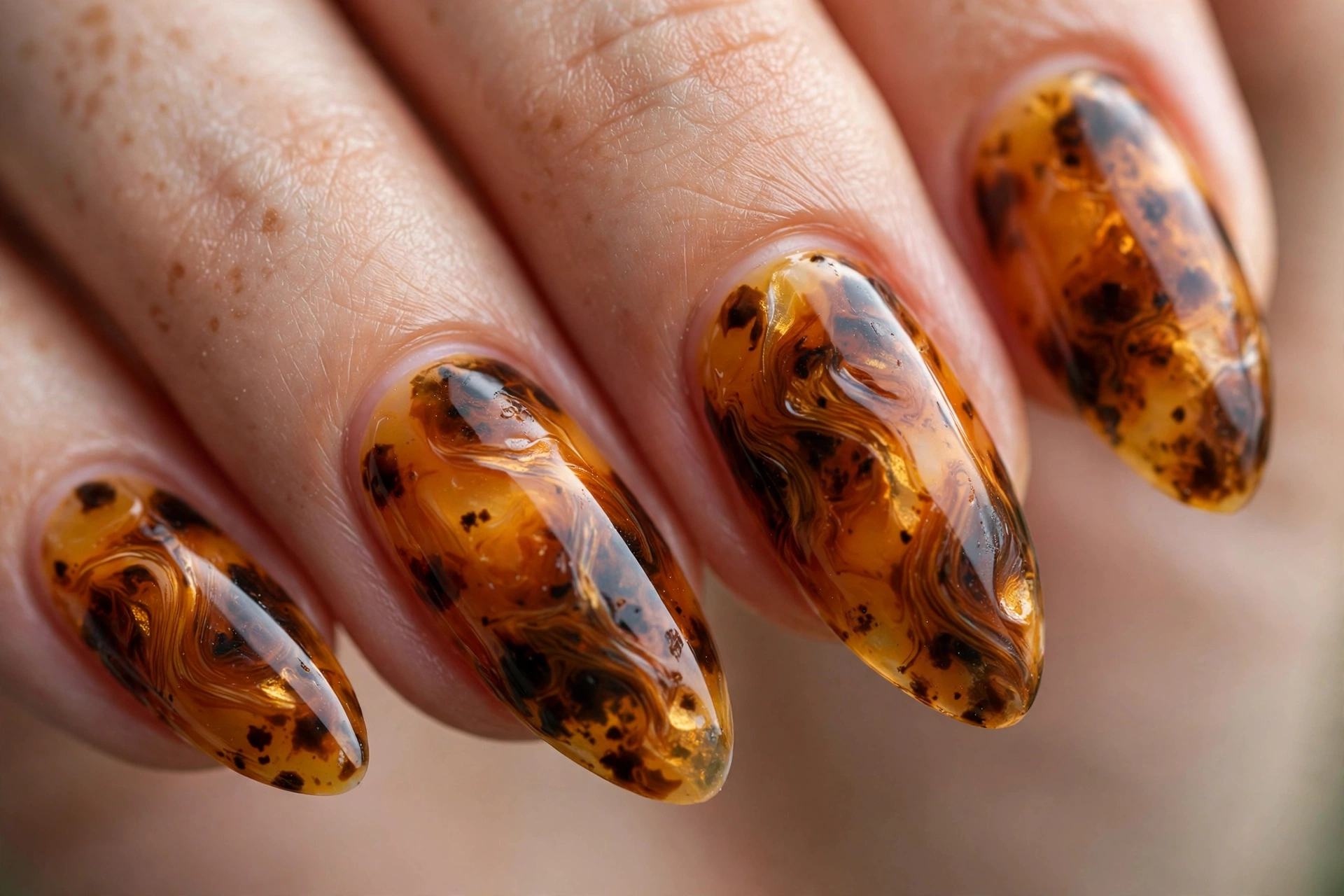 Fall nail ideas featuring tortoiseshell nail art in amber tones