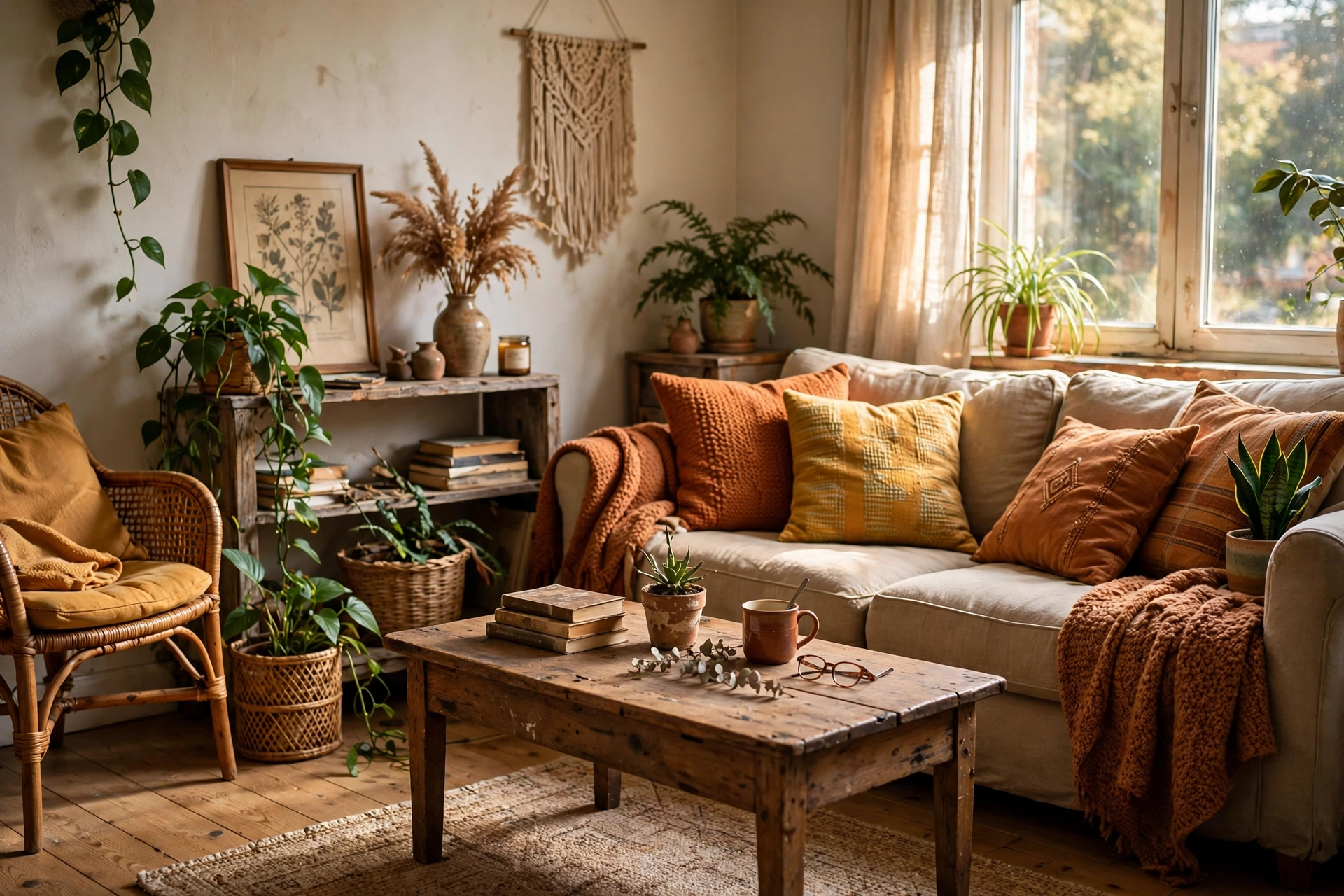 Budget living room styled with these home decor styling tips — thrifted decor, cozy pillows and plants in warm light