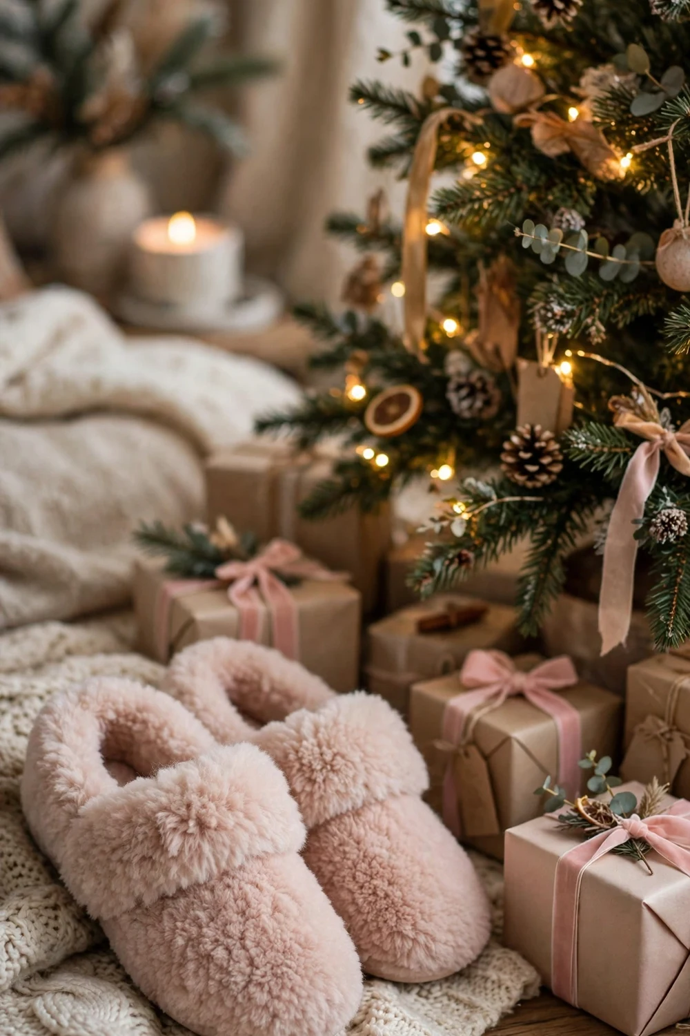 Fuzzy slippers Christmas gift for friends in blush pink