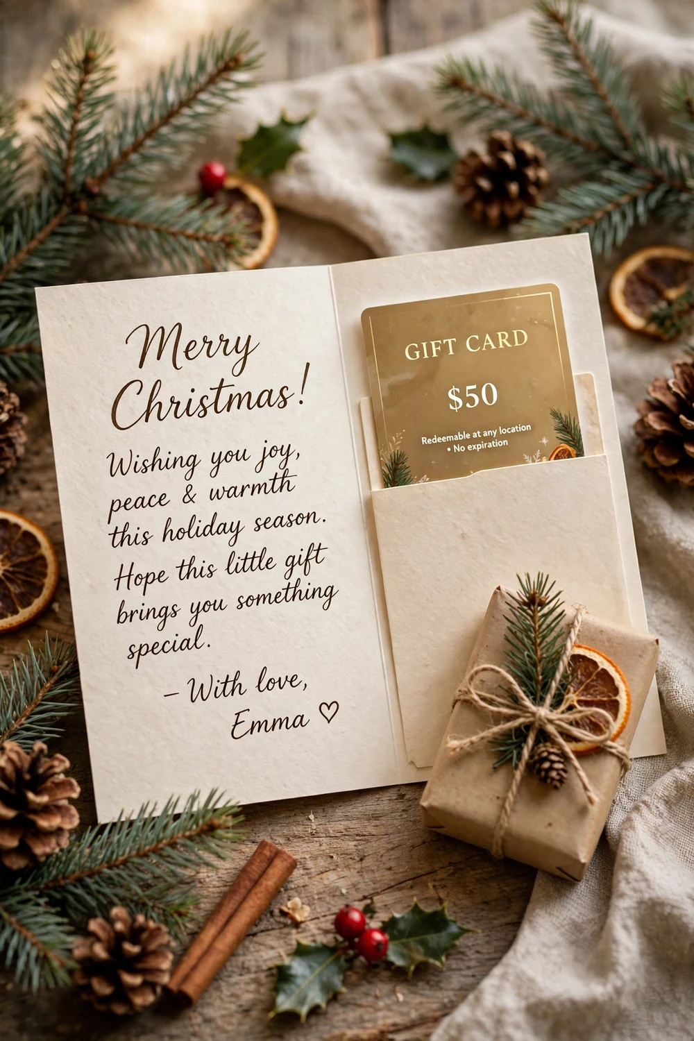Gift card in handwritten card last-minute Christmas gift for friends