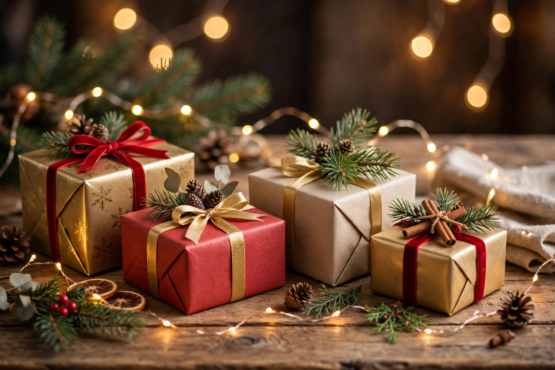 Elegant wrapped christmas gift ideas for mom with gold and red ribbons on a wooden table