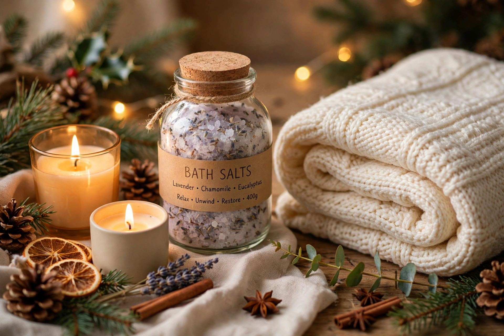 Cozy spa self-care christmas gift ideas for mom with candles, bath salts and a blanket