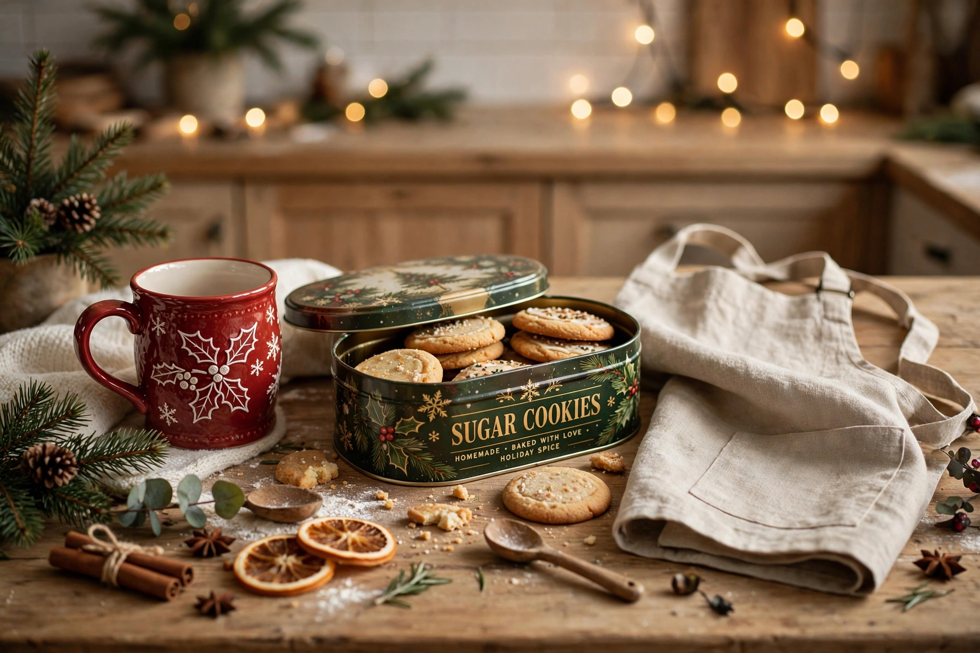 Holiday kitchen christmas gift ideas for mom with a festive mug, cookie tin and apron