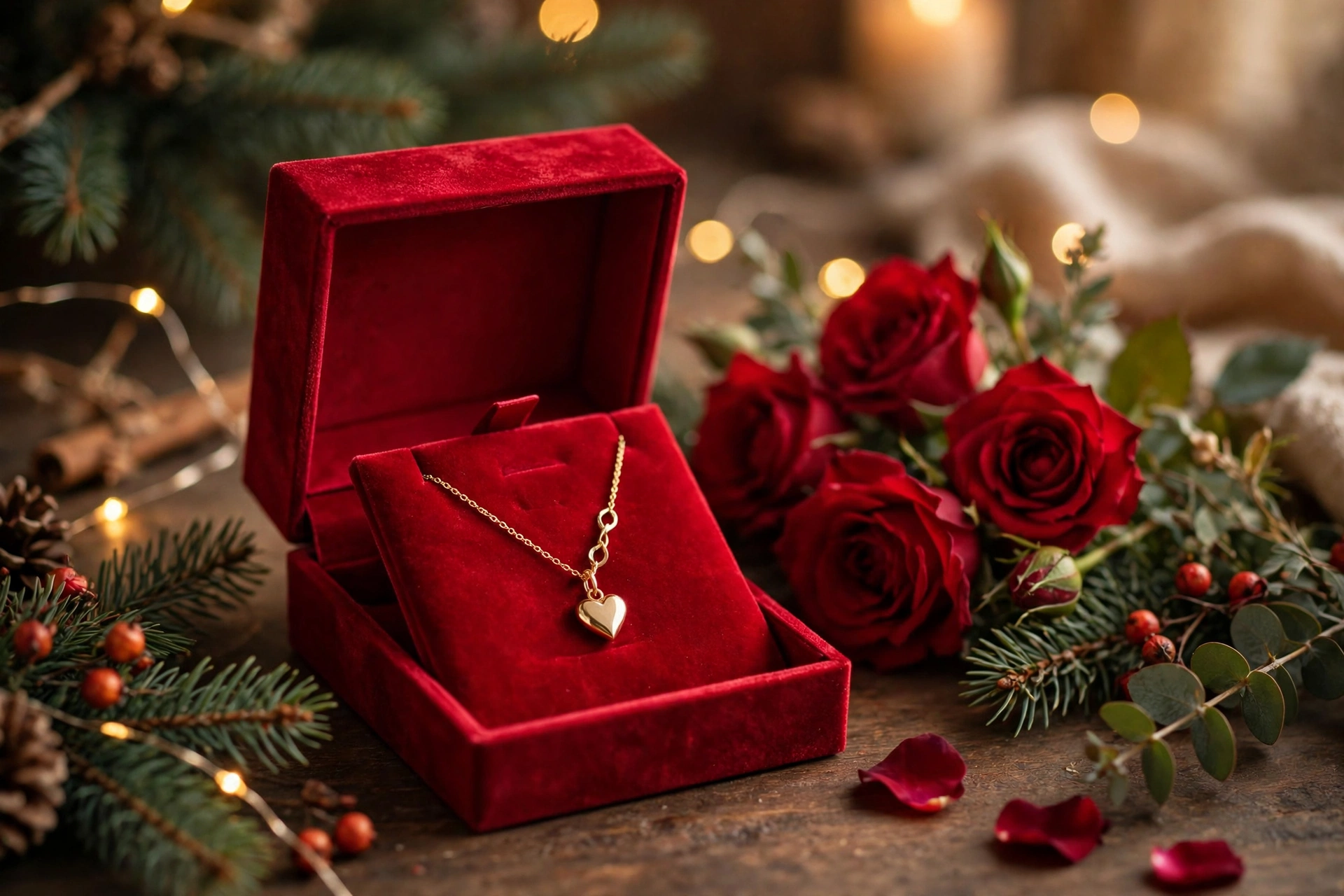 Gold heart necklace in a red velvet box, elegant christmas gift ideas for mom