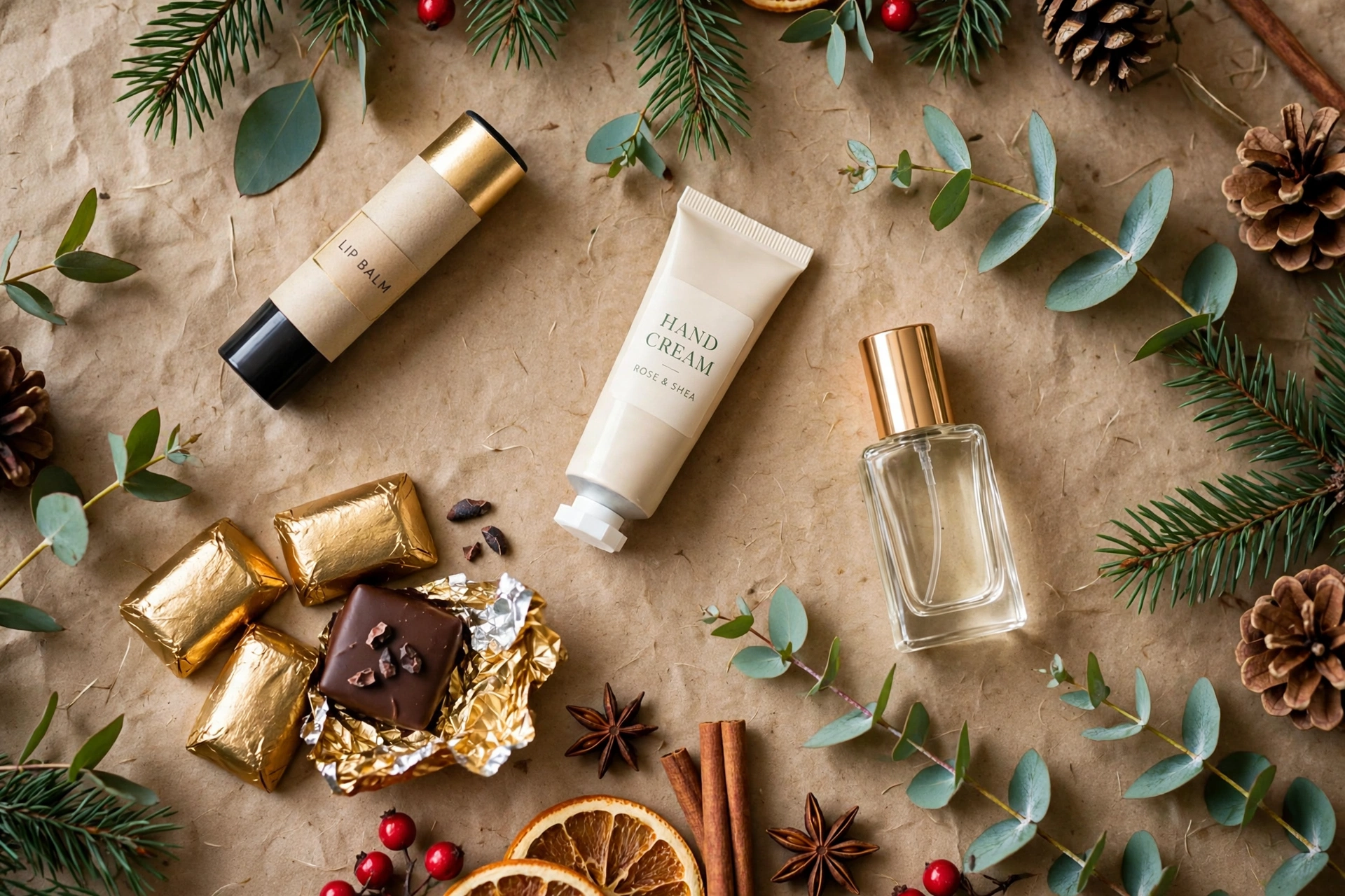 Stocking stuffer christmas gift ideas for mom flat lay with lip balm, chocolates and perfume