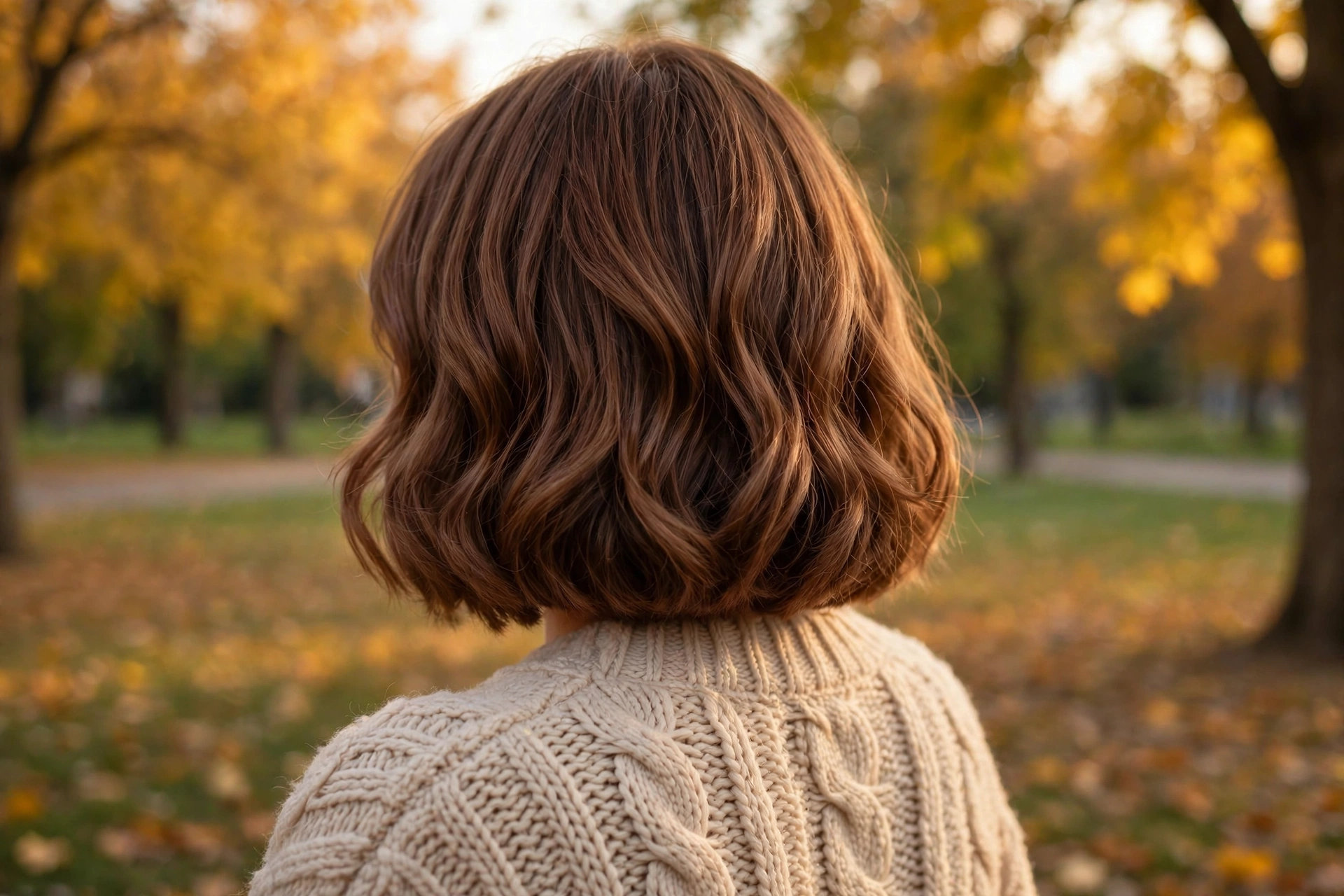 Fall hairstyles 2026 — soft French bob haircut on a woman wearing an autumn knit jumper