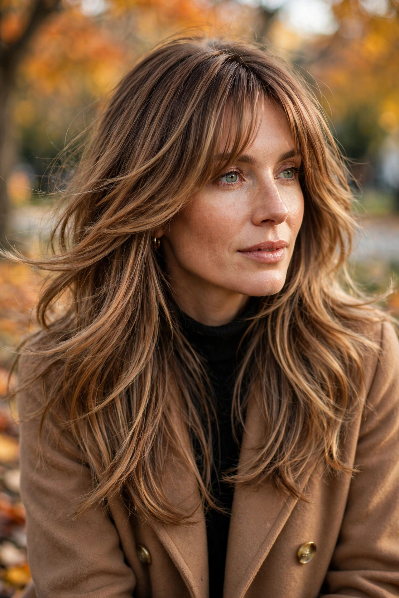 Fall hairstyle 2026 — long layered haircut with soft curtain bangs