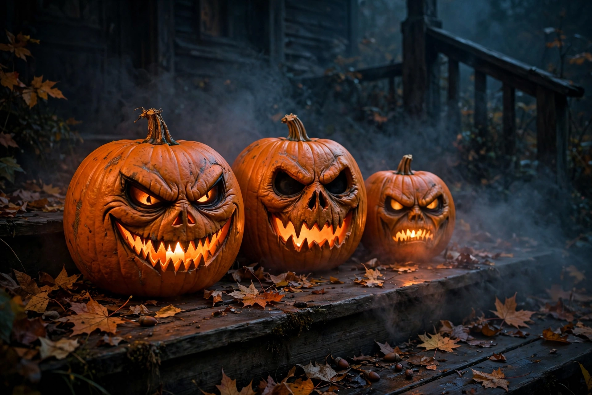 Spooky Halloween facts - glowing jack-o'-lanterns on a dark porch at night