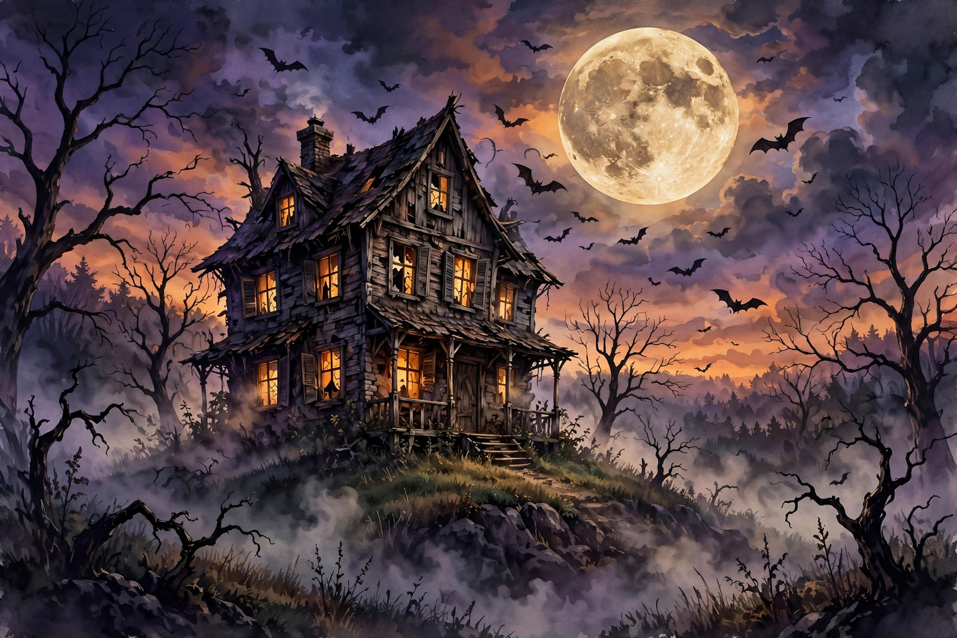 Spooky Halloween facts - haunted house under a full moon with bats
