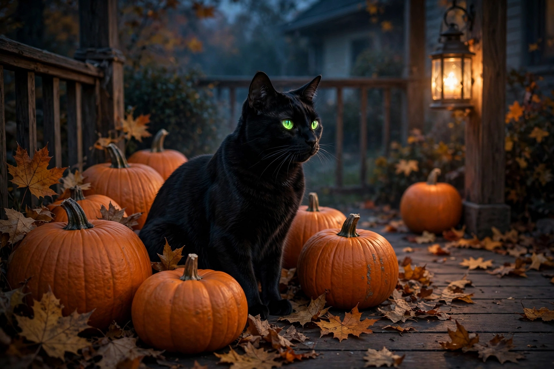 Spooky Halloween facts - black cat with pumpkins and autumn leaves