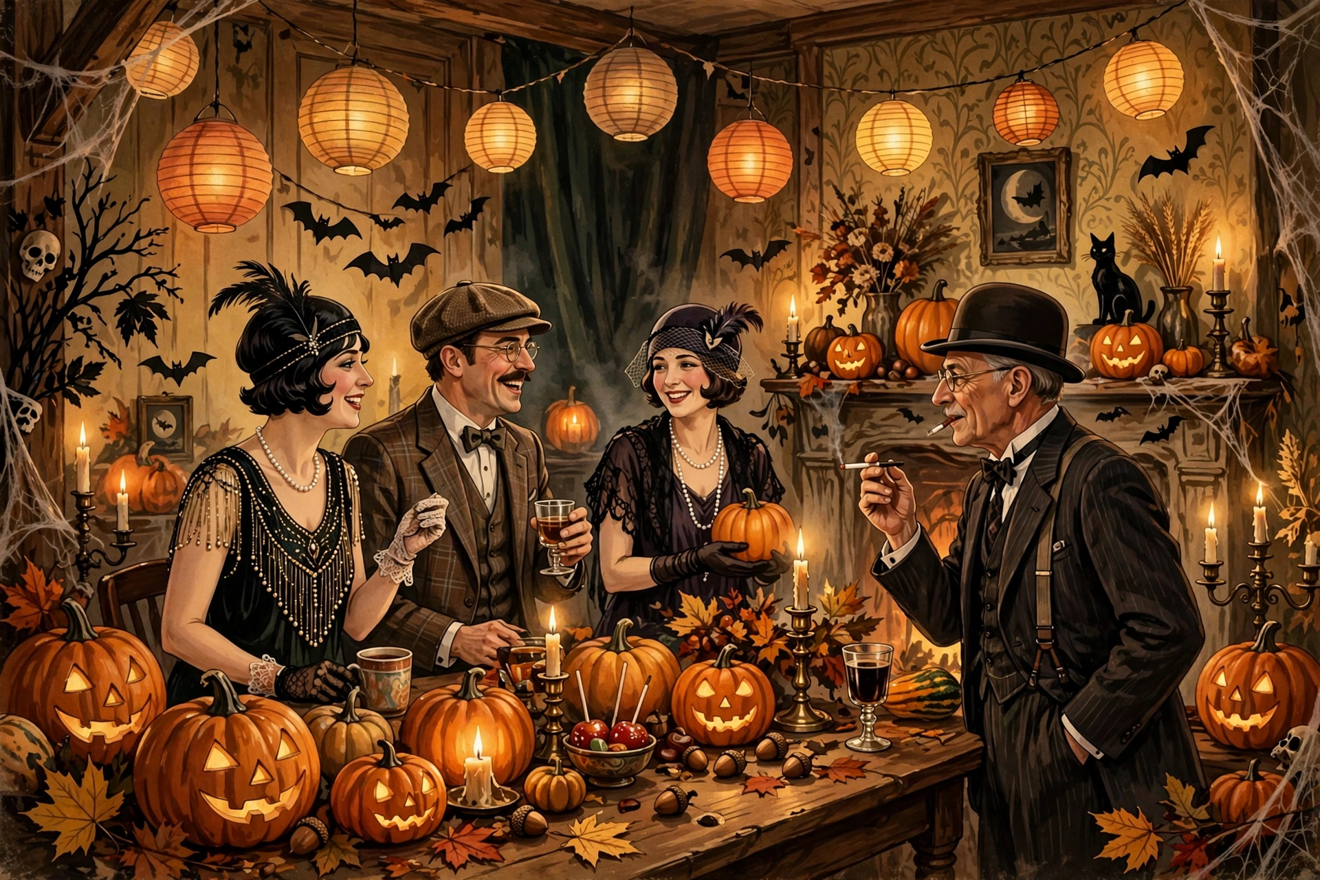 Spooky Halloween facts - vintage Halloween party scene with costumes and lanterns