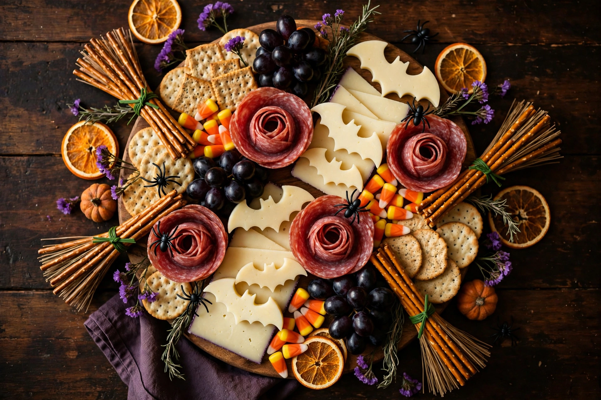 Spooky Halloween party food ideas charcuterie board with cheese bats and pretzel brooms