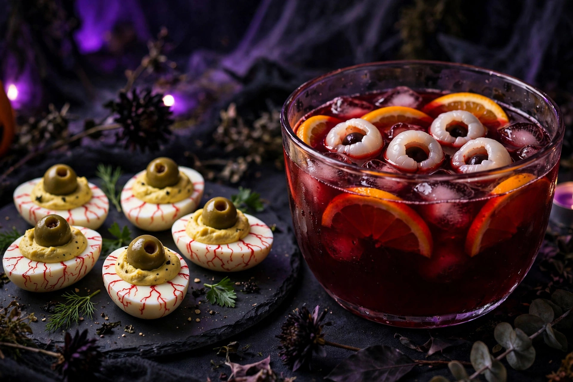 Halloween party drinks 2026 eyeball deviled eggs and vampire blood punch bowl