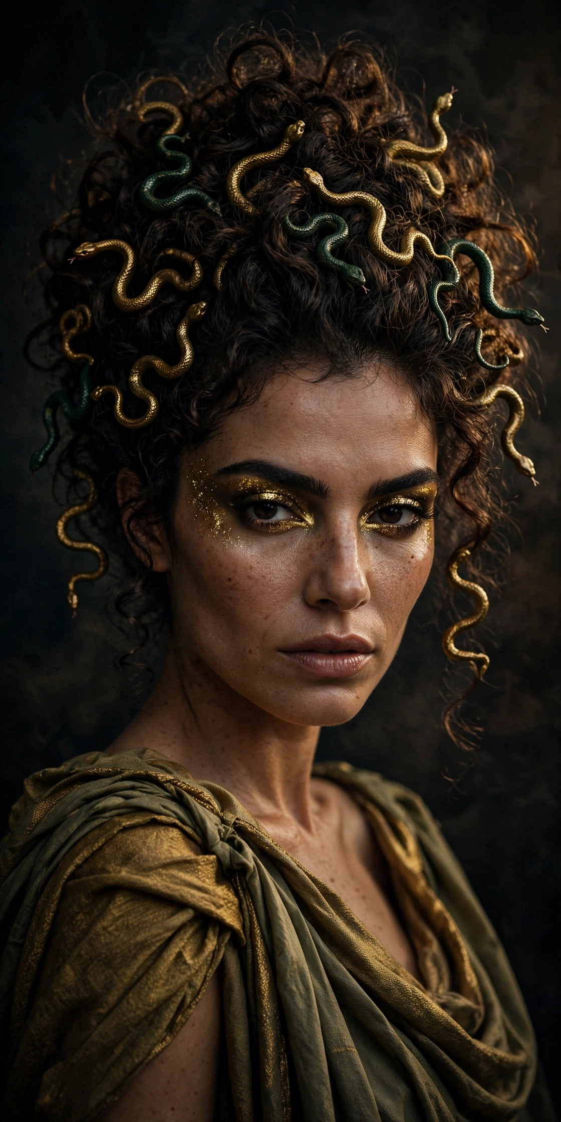 Halloween hairstyles with Medusa curly updo and decorative snakes