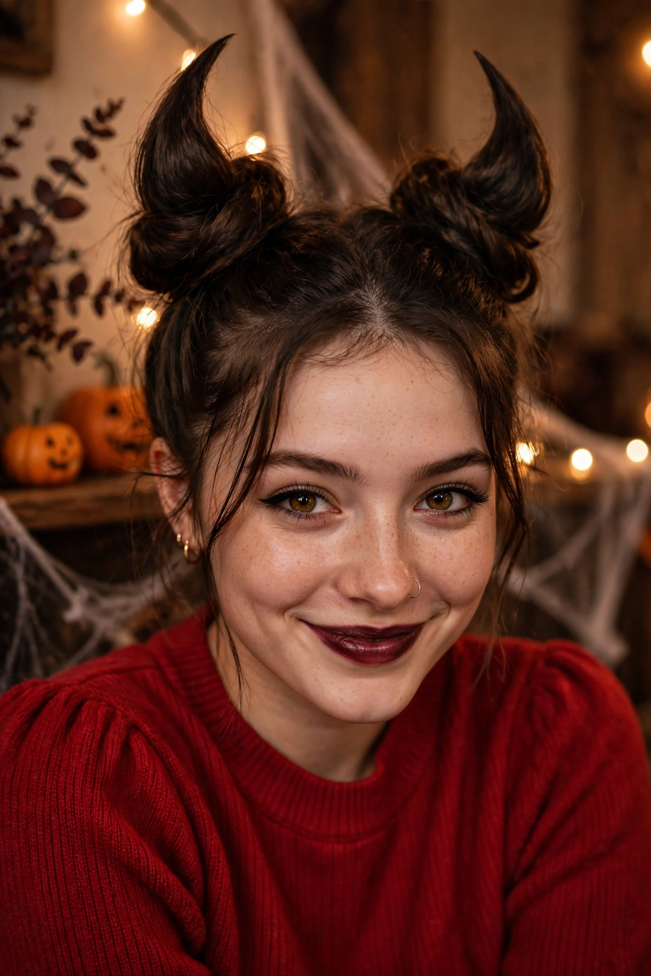 Halloween hairstyles with devil horn space buns for a spooky party look