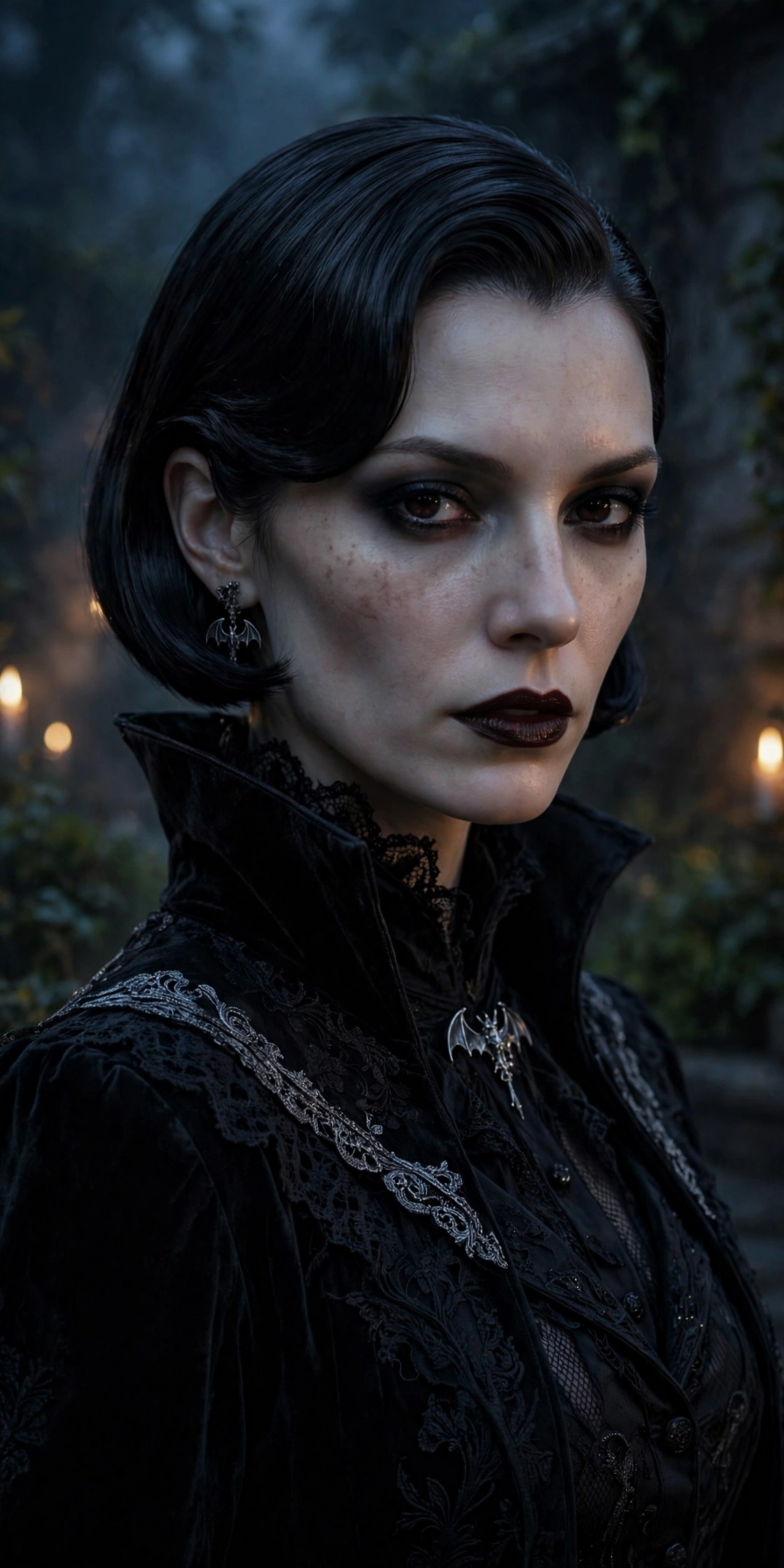 Halloween hairstyles with sleek vampire tucked bob and deep side part