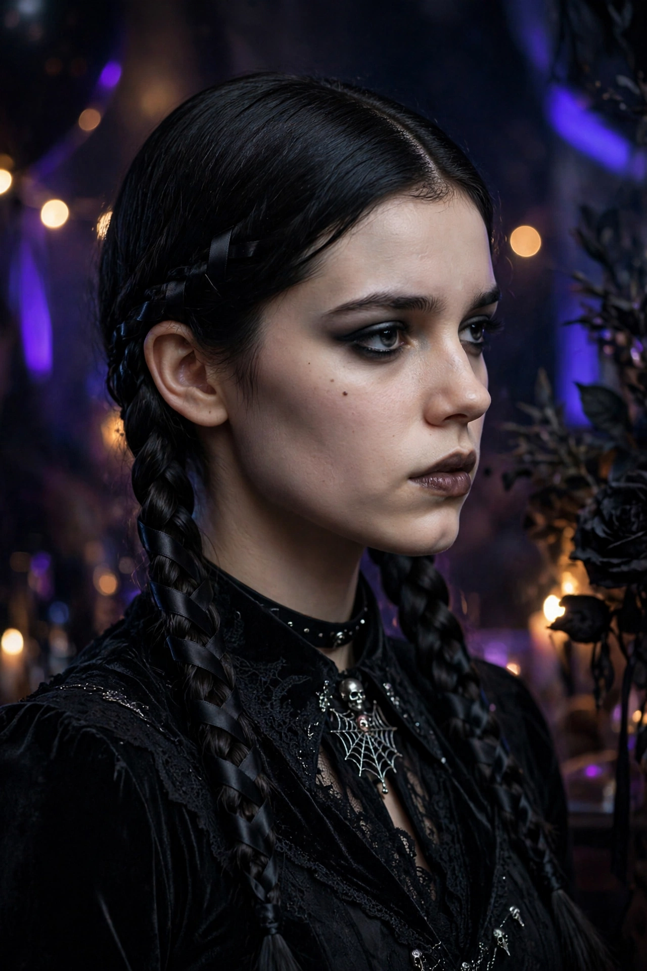 Halloween hairstyles with sleek Wednesday Addams braids and black ribbon