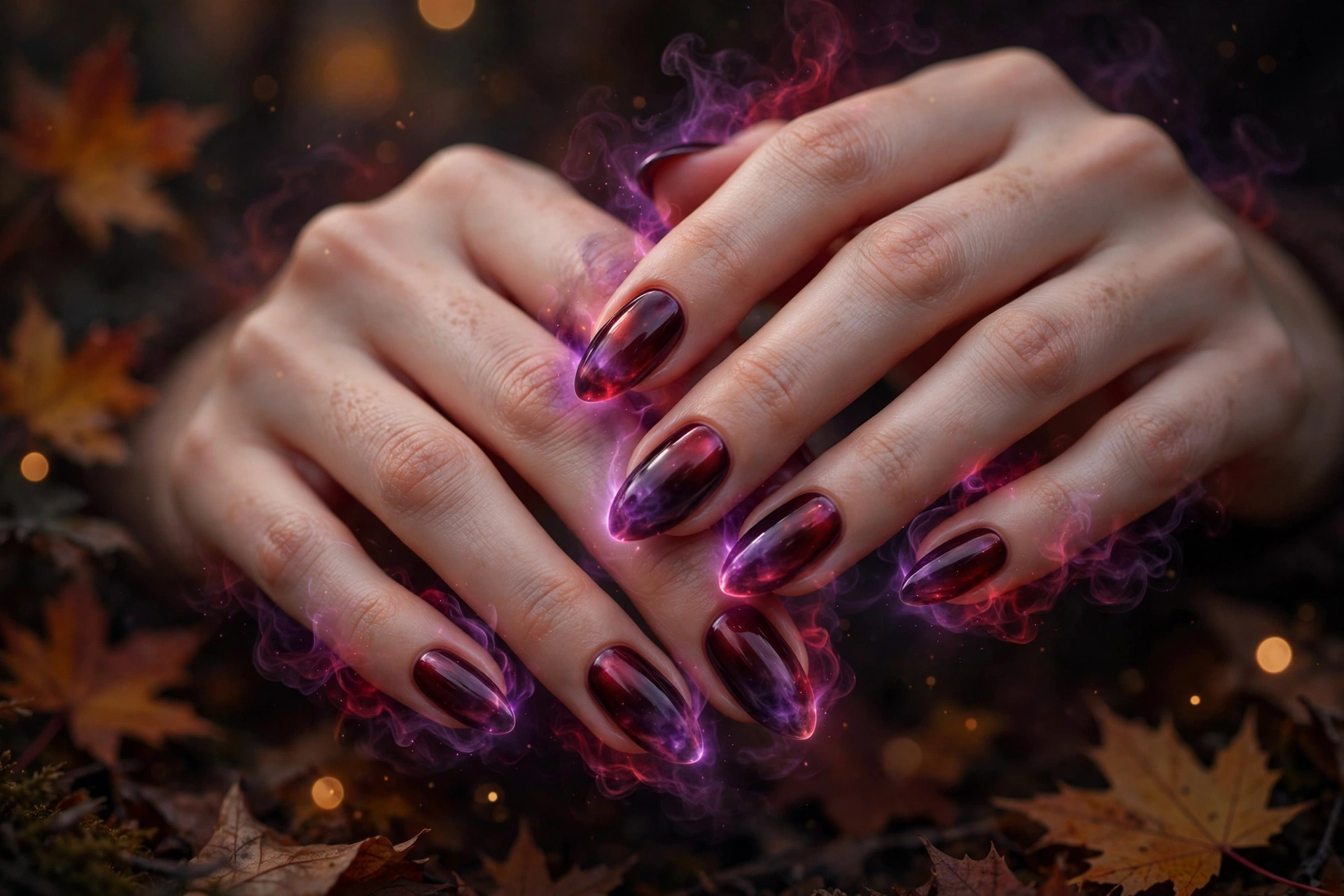 Halloween nail ideas with dark red and purple aura gradient nails