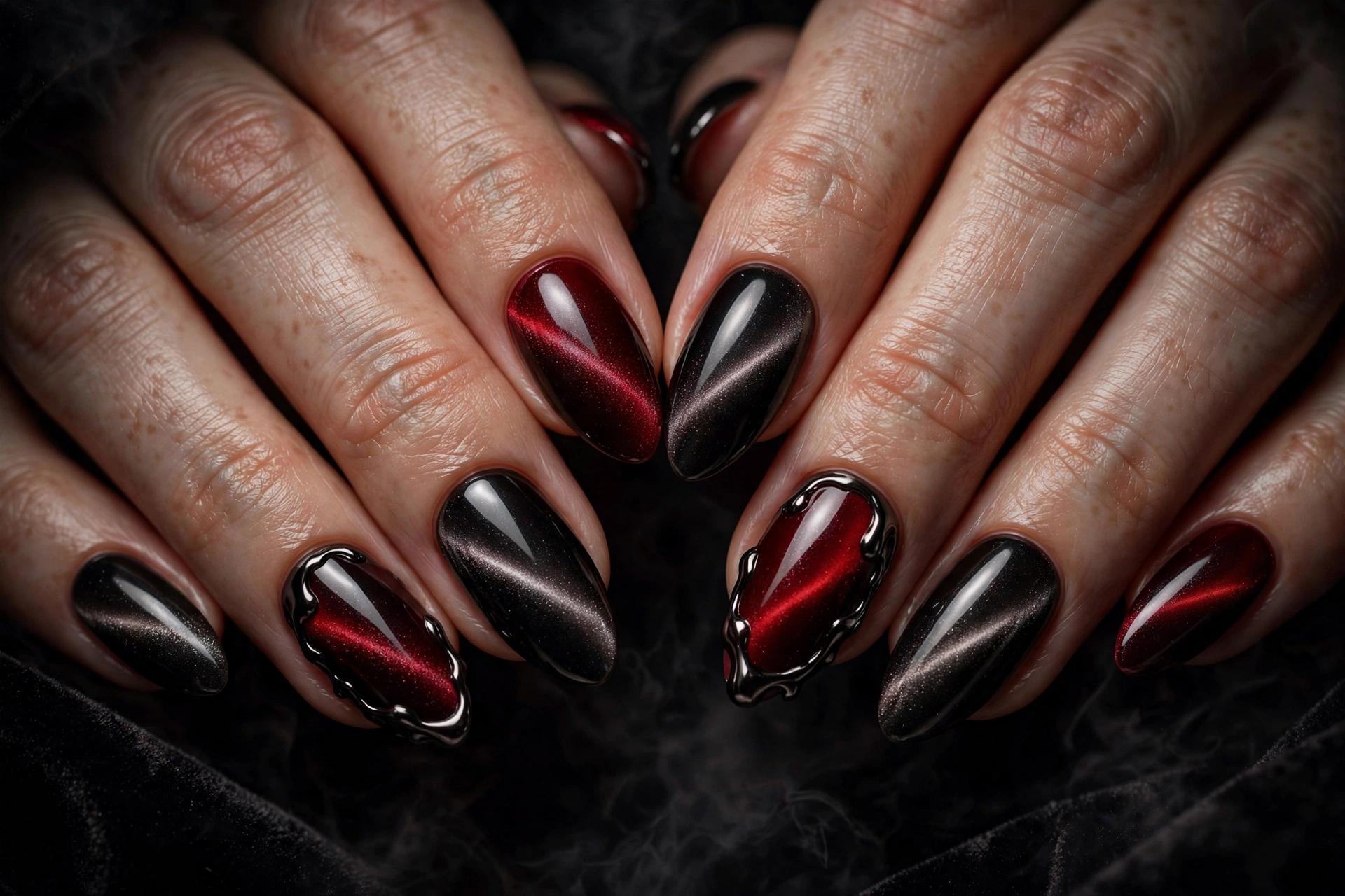 Halloween nail ideas with cat-eye velvet oxblood nails and dark chrome finish