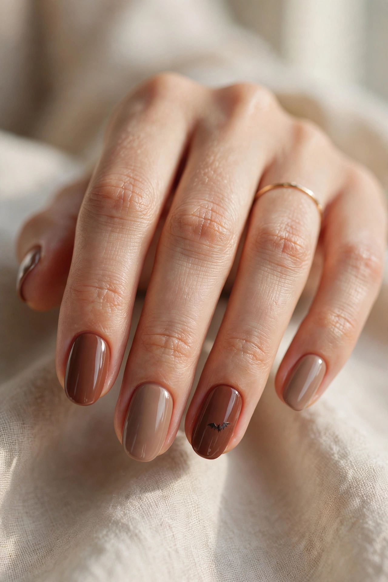 Halloween nail ideas with quiet chocolate brown manicure and tiny bat accent