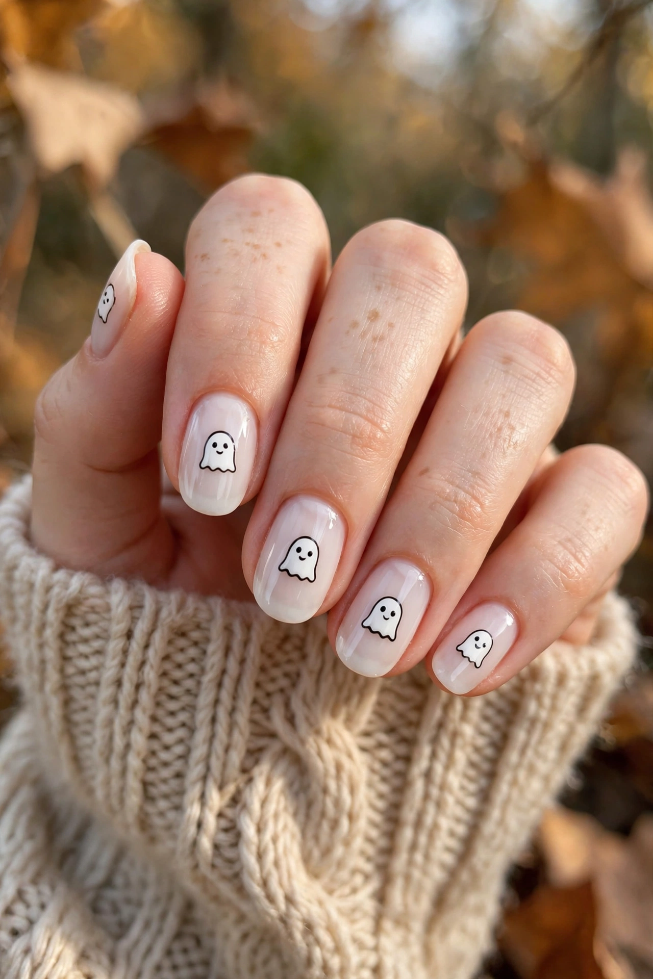 Halloween nail ideas with cute ghost faces on milky white nails