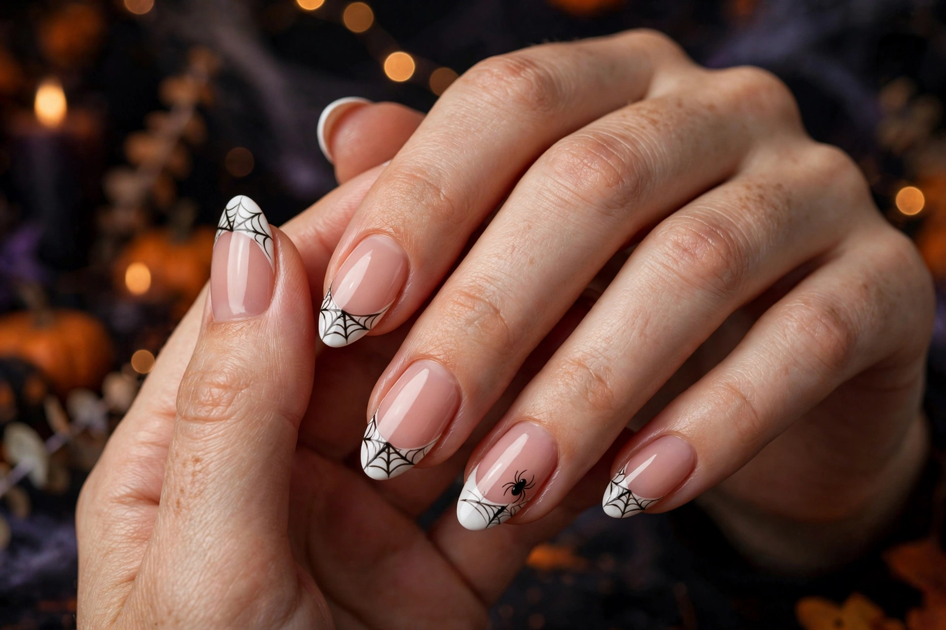 Halloween nail ideas with spiderweb French tips and tiny spider accent