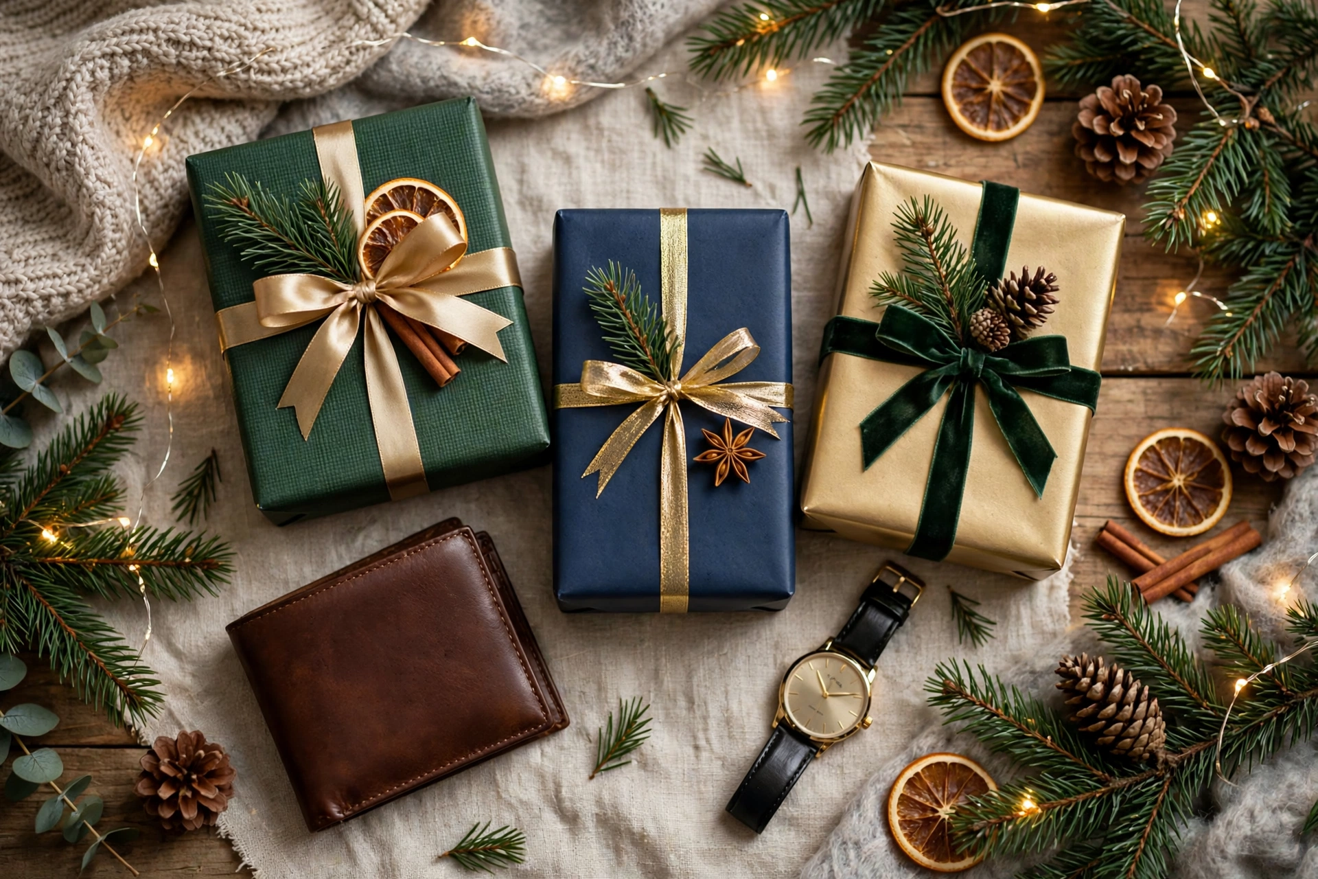 christmas gifts for him wrapped presents for men with ribbons and pine branches