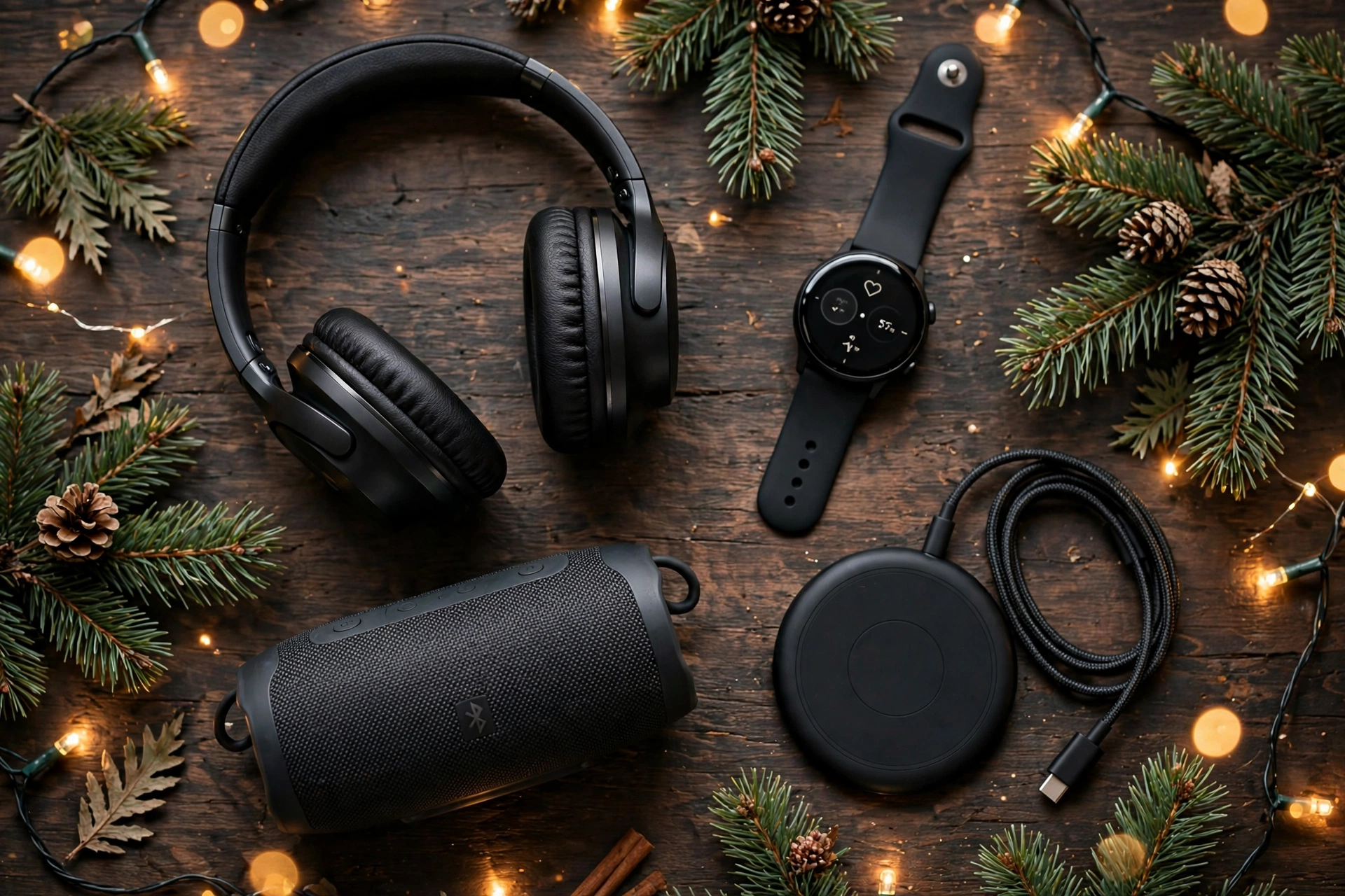 christmas gifts for him tech gadgets flat lay headphones smartwatch speaker