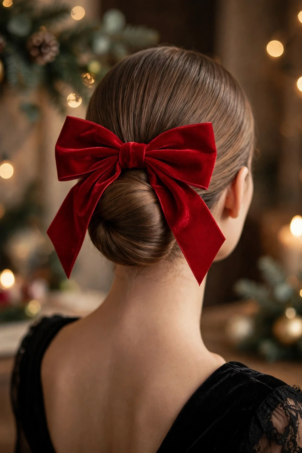 Sleek low bun Christmas party hairstyle with festive red bow