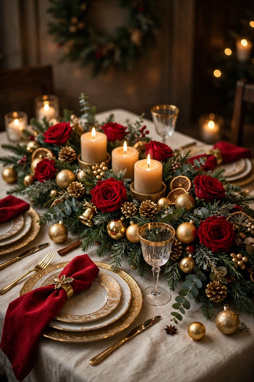 Classic red and gold Christmas table centerpiece with red roses, gold baubles and glowing candles