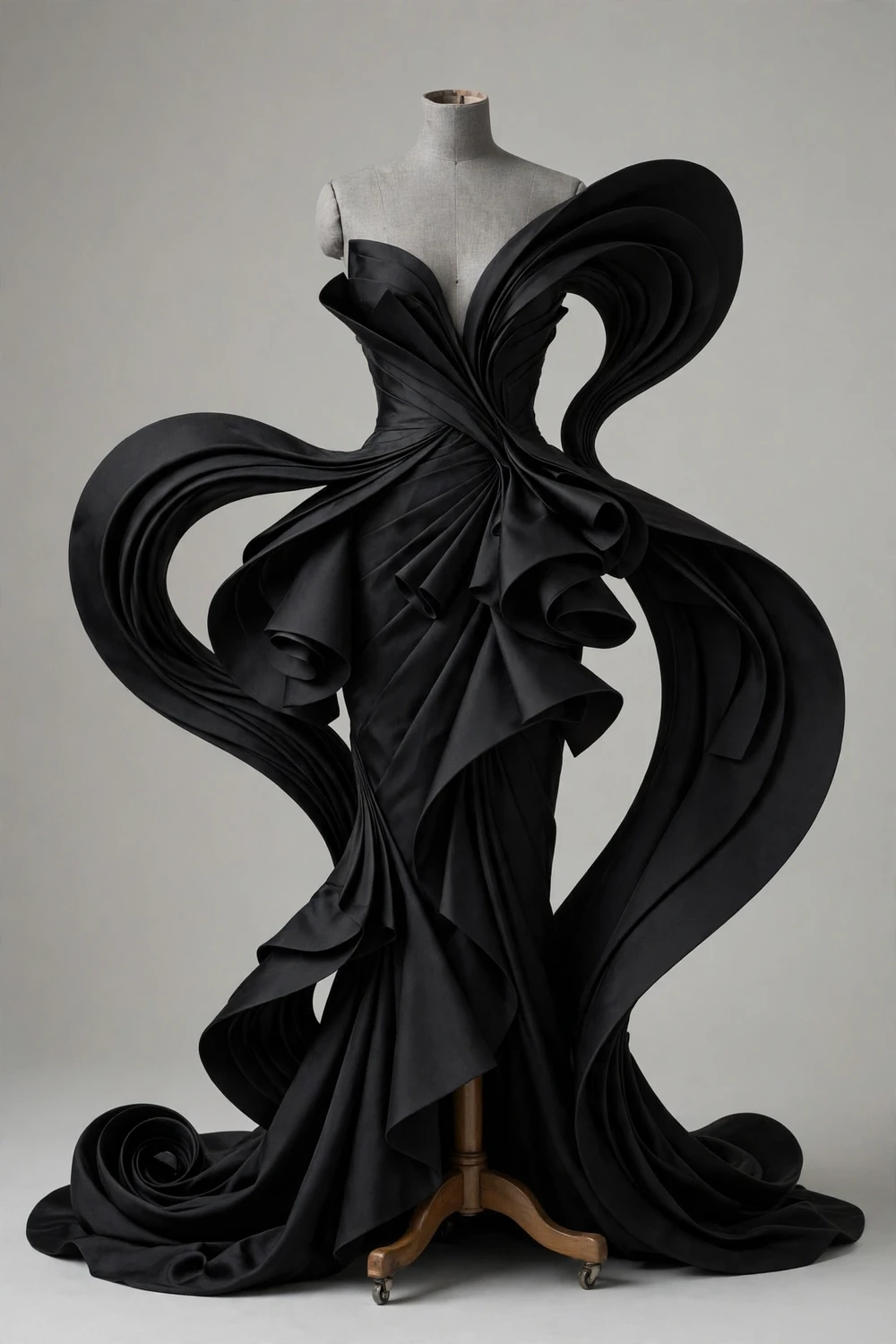 Sculptural haute couture evening gown silhouette on a faceless dress form